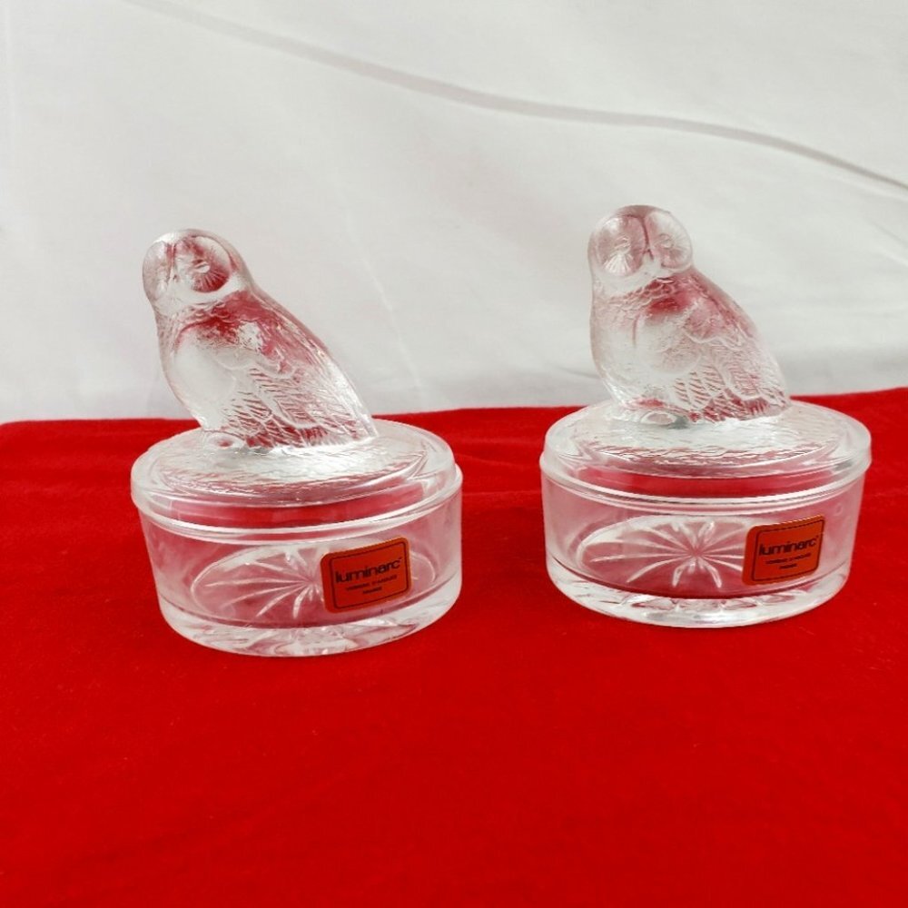 Luminarc France Set of Two Owl Trinket Boxes Clear Glass NWT